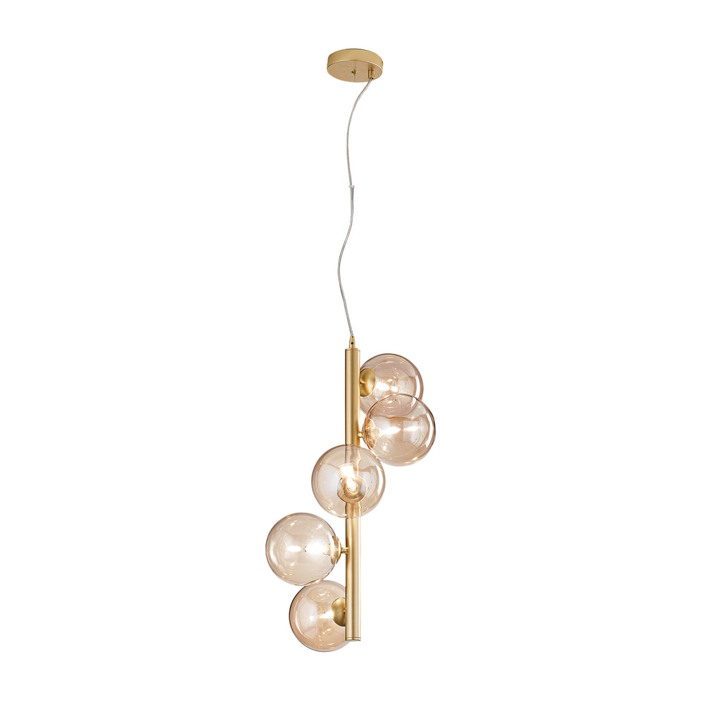 Lampe à suspension HONEY en métal satiné avec cinq diffuseurs en verre soufflé