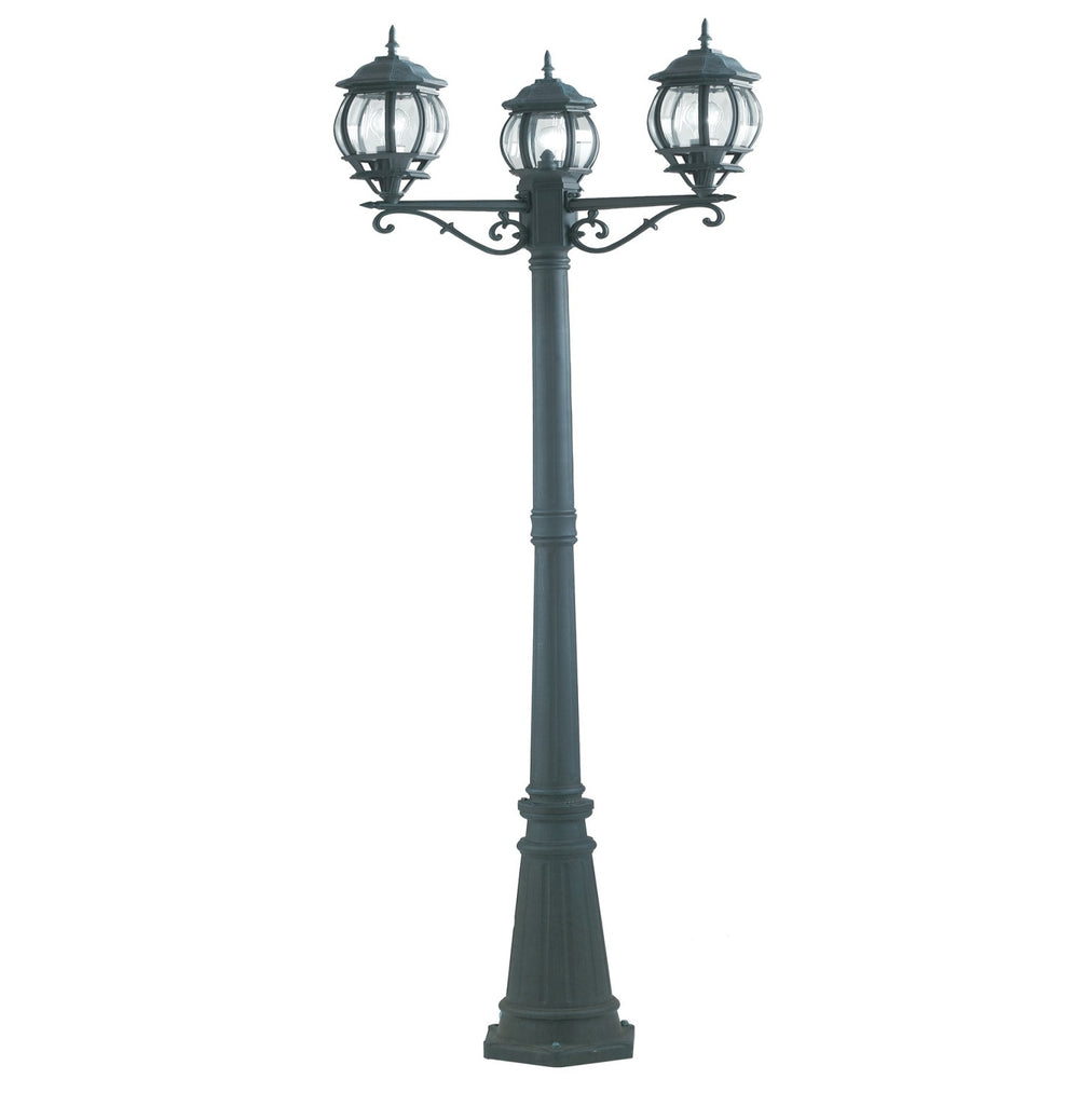 Poteau Santiago pour l'extérieur en aluminium moulé sous pression noir avec brosse verte et diffuseur en verre transparent (3XE27)