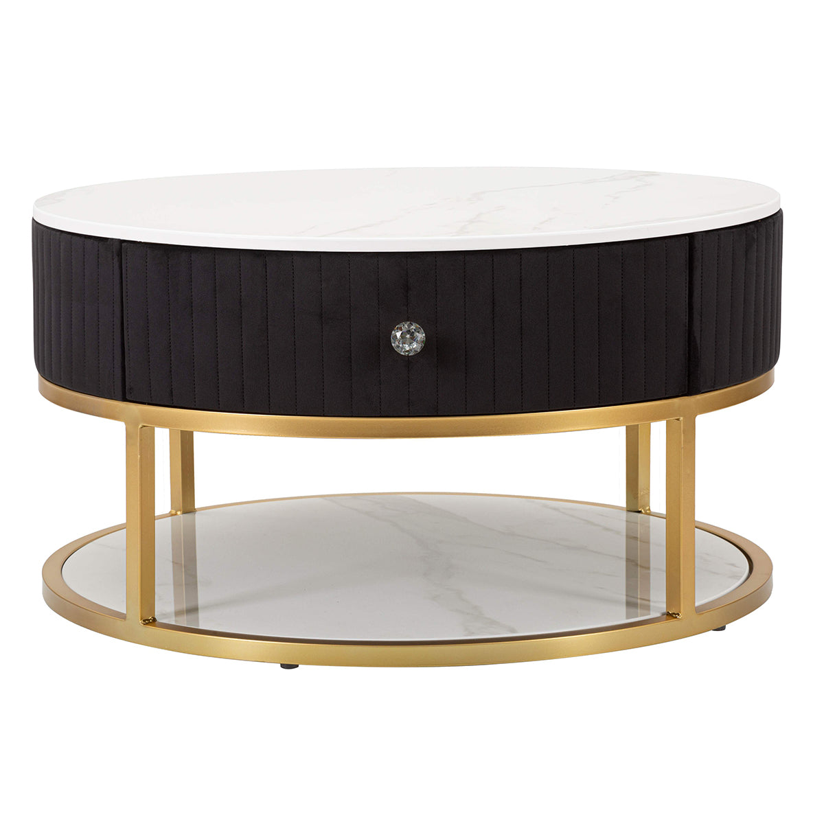 Table basse ronde CORMAC avec deux tiroirs en fer et imitation marbre