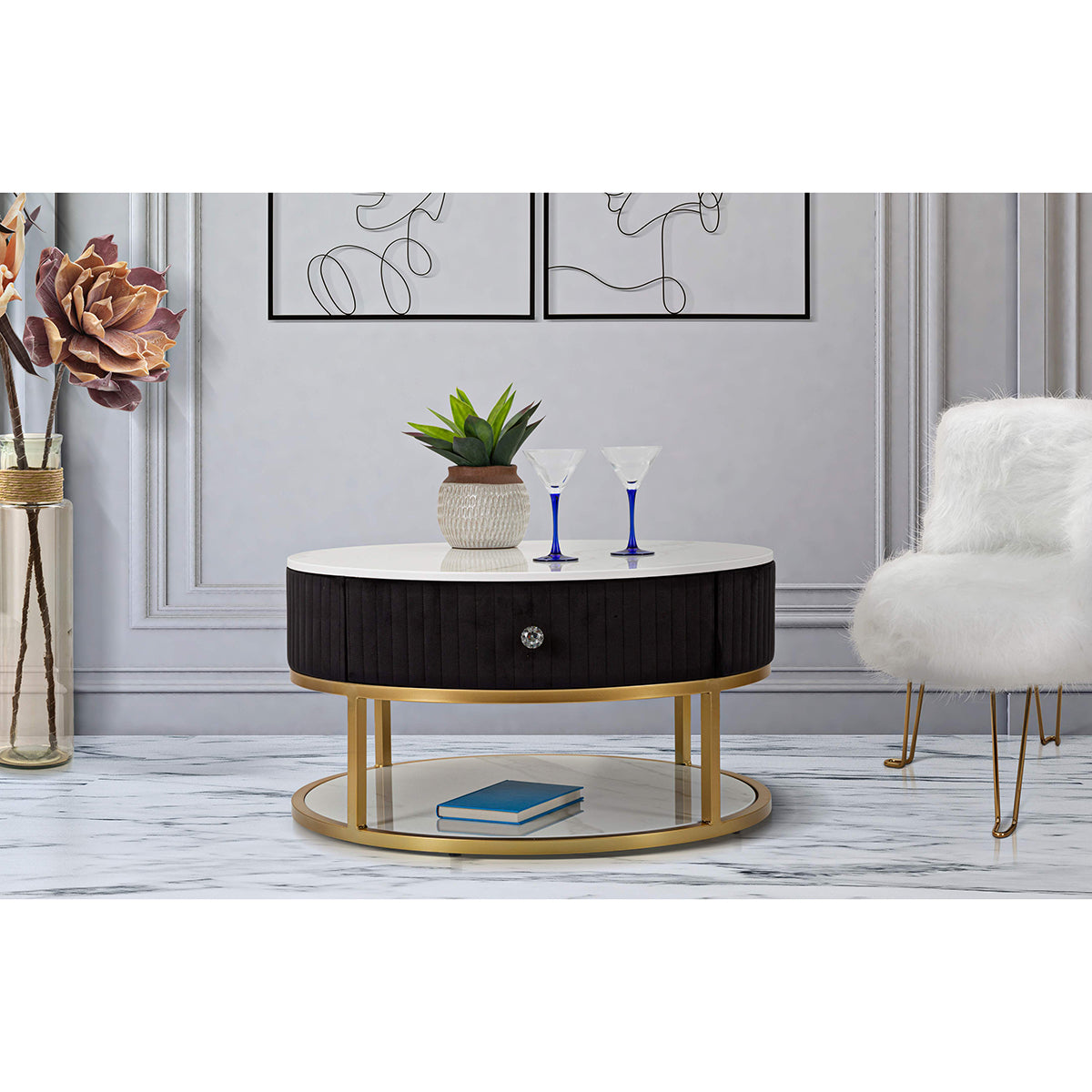 Table basse ronde CORMAC avec deux tiroirs en fer et imitation marbre