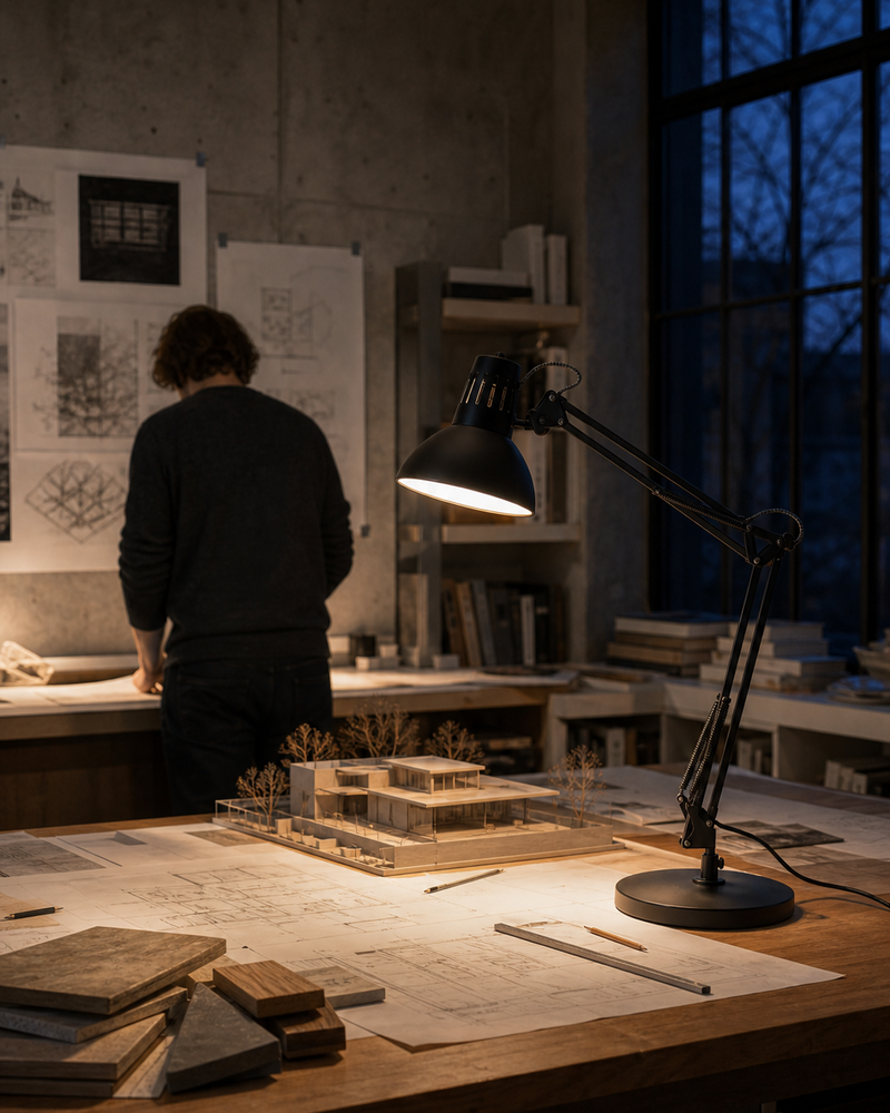 Lampada da tavolo Artifex che illumina un piano di lavoro