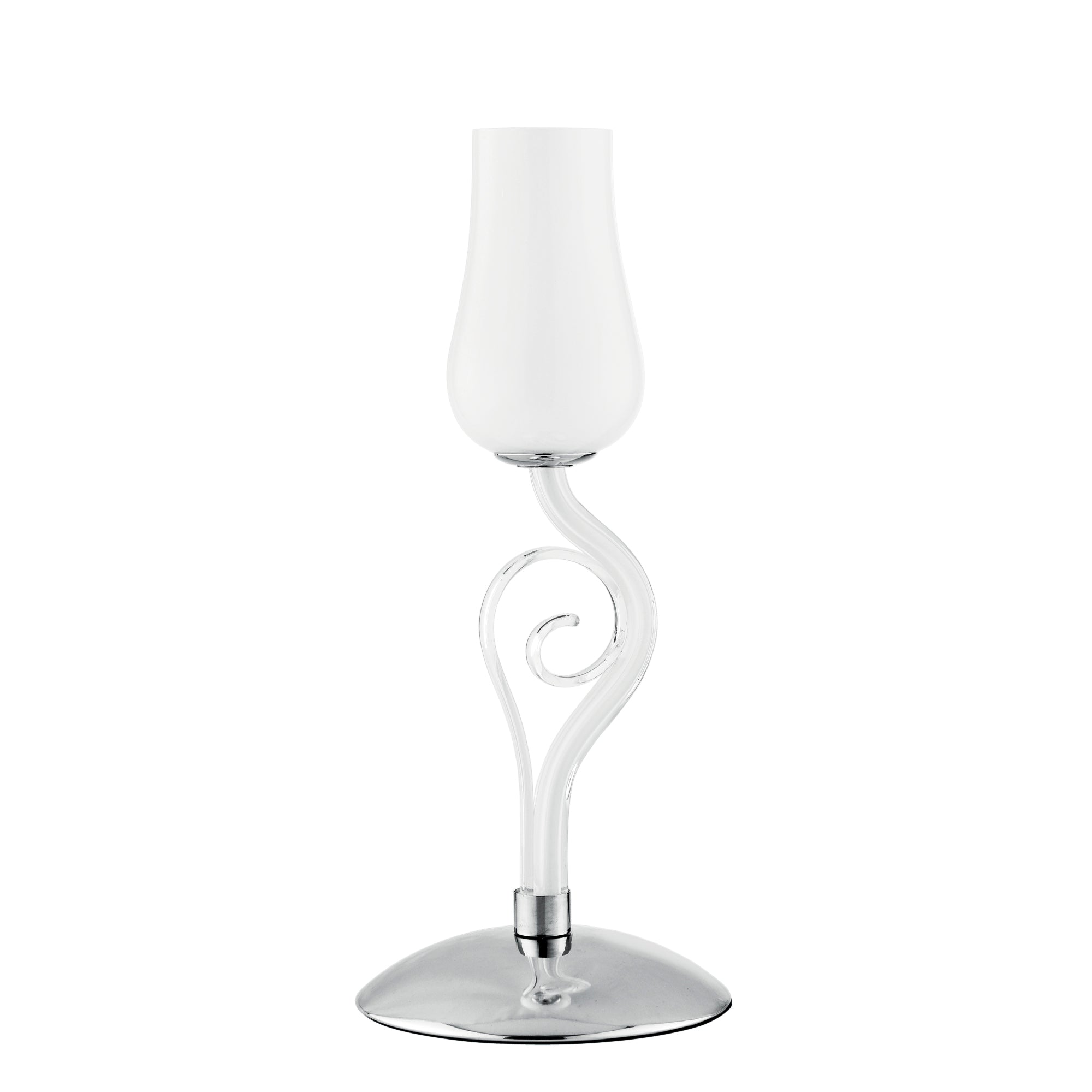 Lámpara de mesa ANGEL en vidrio soplado blanco y detalles cromados.