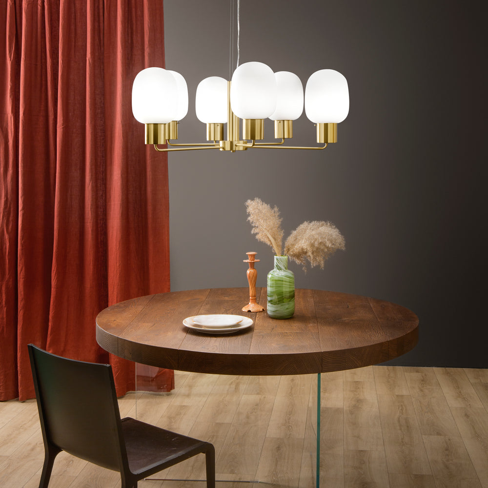 Lampadario a sospensione Fellini in metallo con diffusori in vetro soffiato (6XE27)