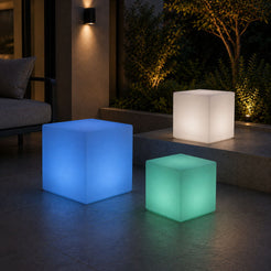 3 Lampade a cubo decorative con luce RGB in terrazzo serale