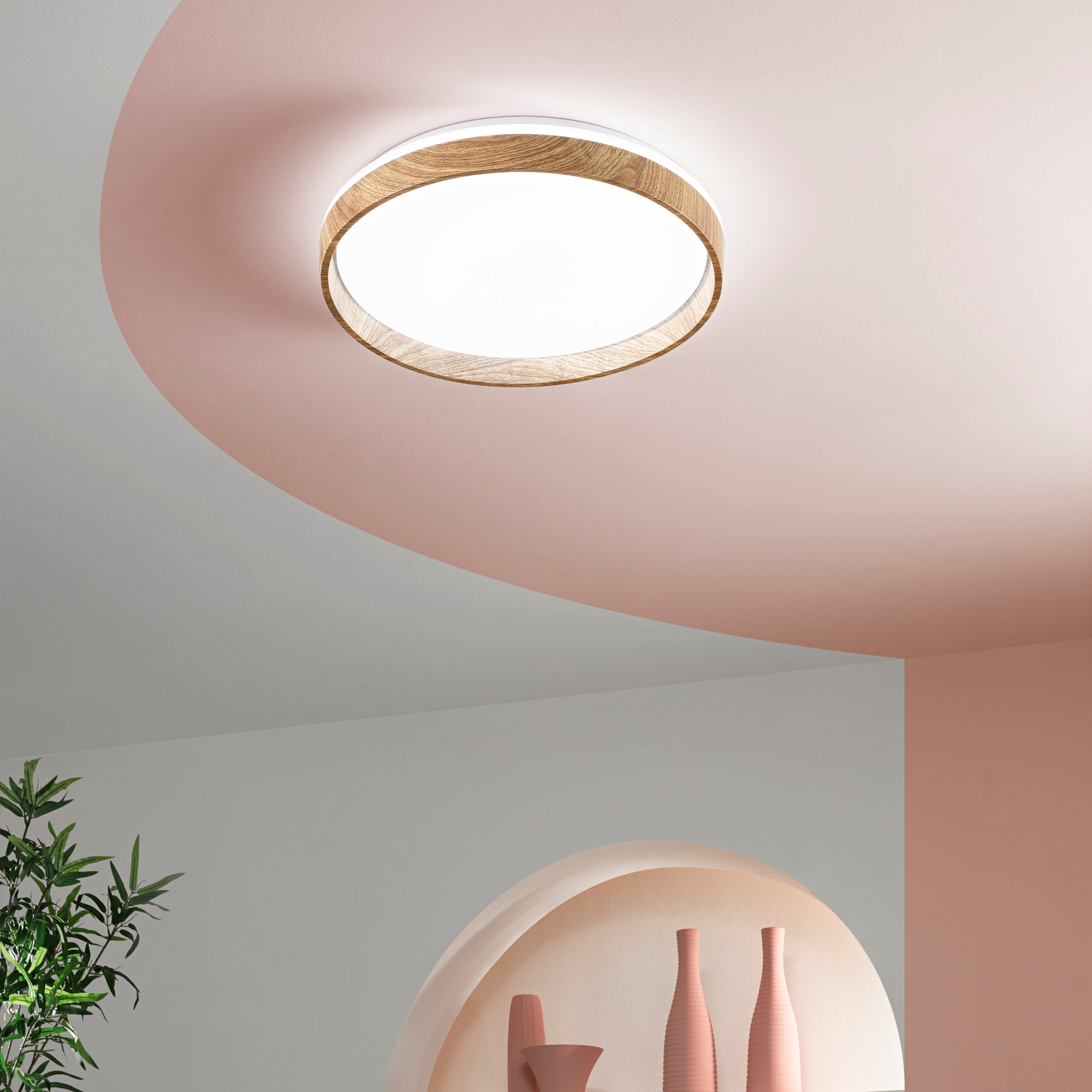 Plafoniera LED MADERA in metallo effetto legno 22W con interruttore CCT 40 cm. - FT-FeelThe