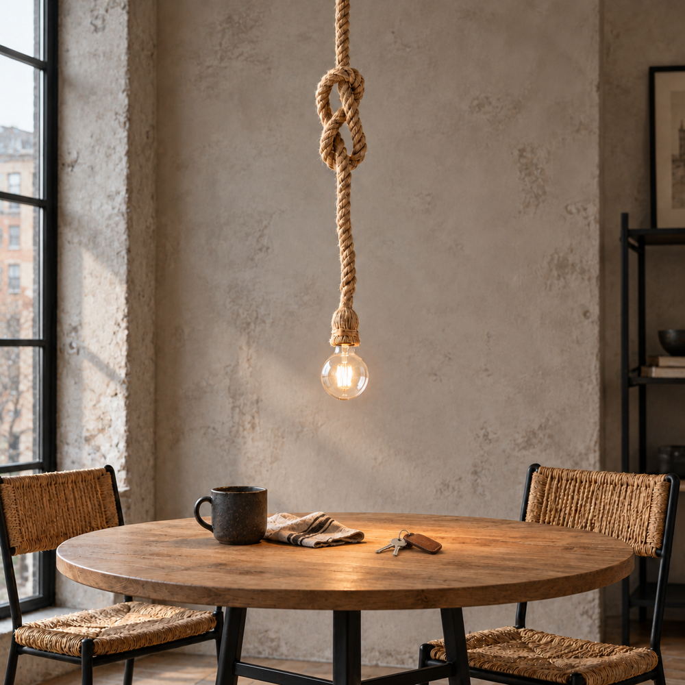 Lampadario a sospensione ROPE in metallo e canapa, 1 o 2 luci