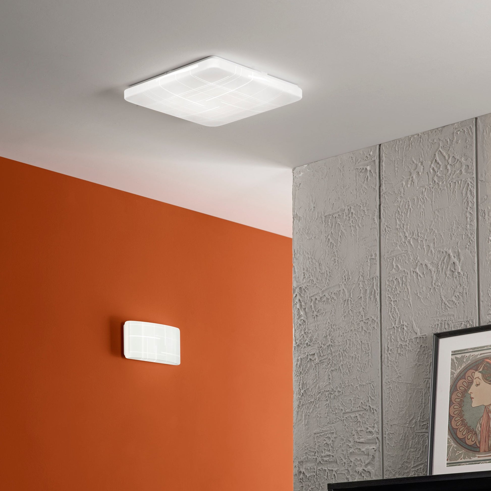 Plafoniera LED Trygo in vetro bianca - Foto ambientata