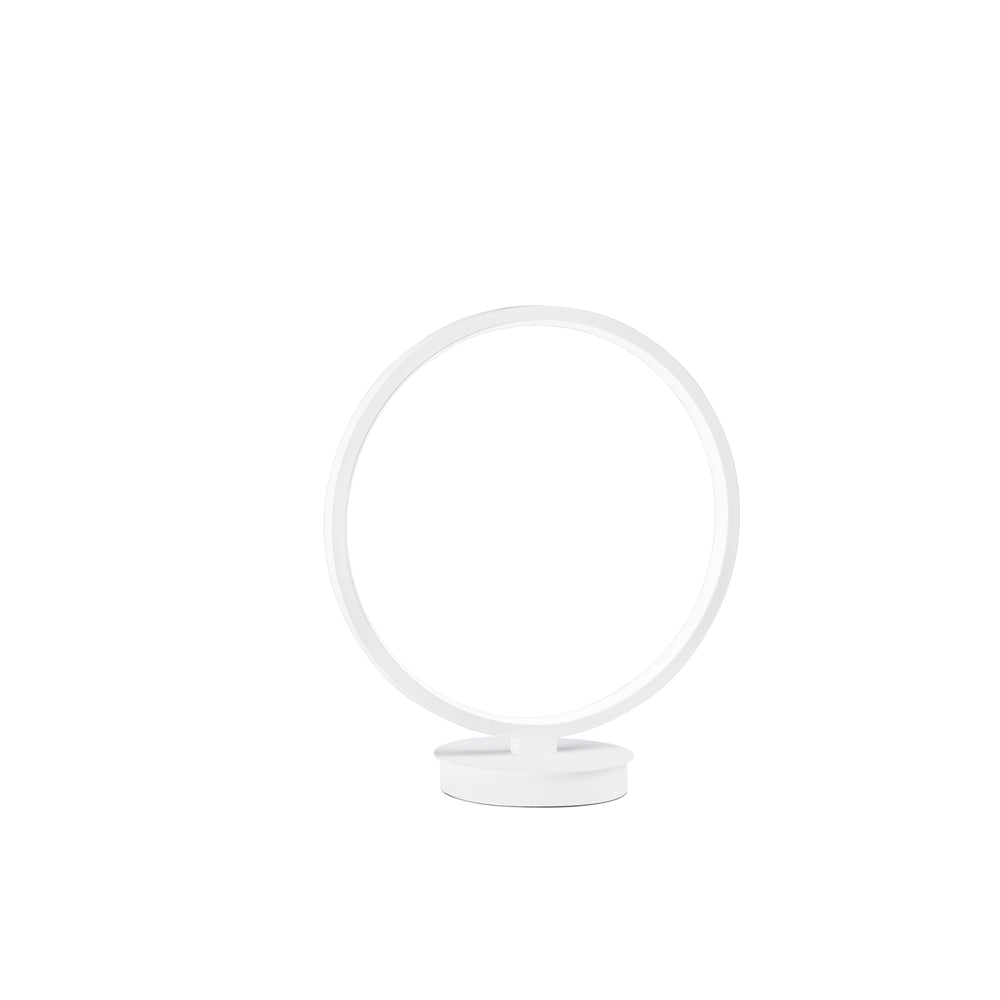 Lampe à poser Fredy avec cercle LED 15W, avec structure en aluminium blanc gaufré, diffuseur en silicone et interrupteur interne pour personnaliser la température de couleur