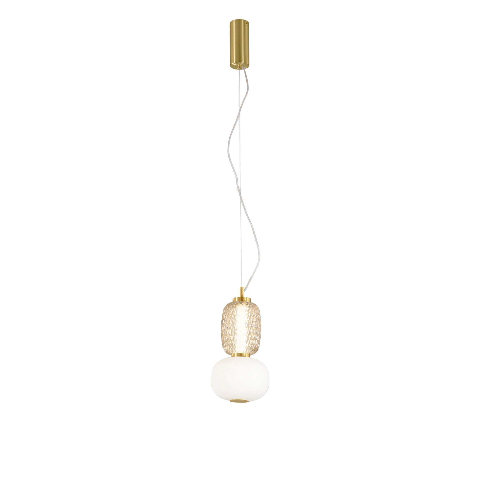 TOTEM gold pendant lamp, transparent glass, opal diffuser, integrated LED