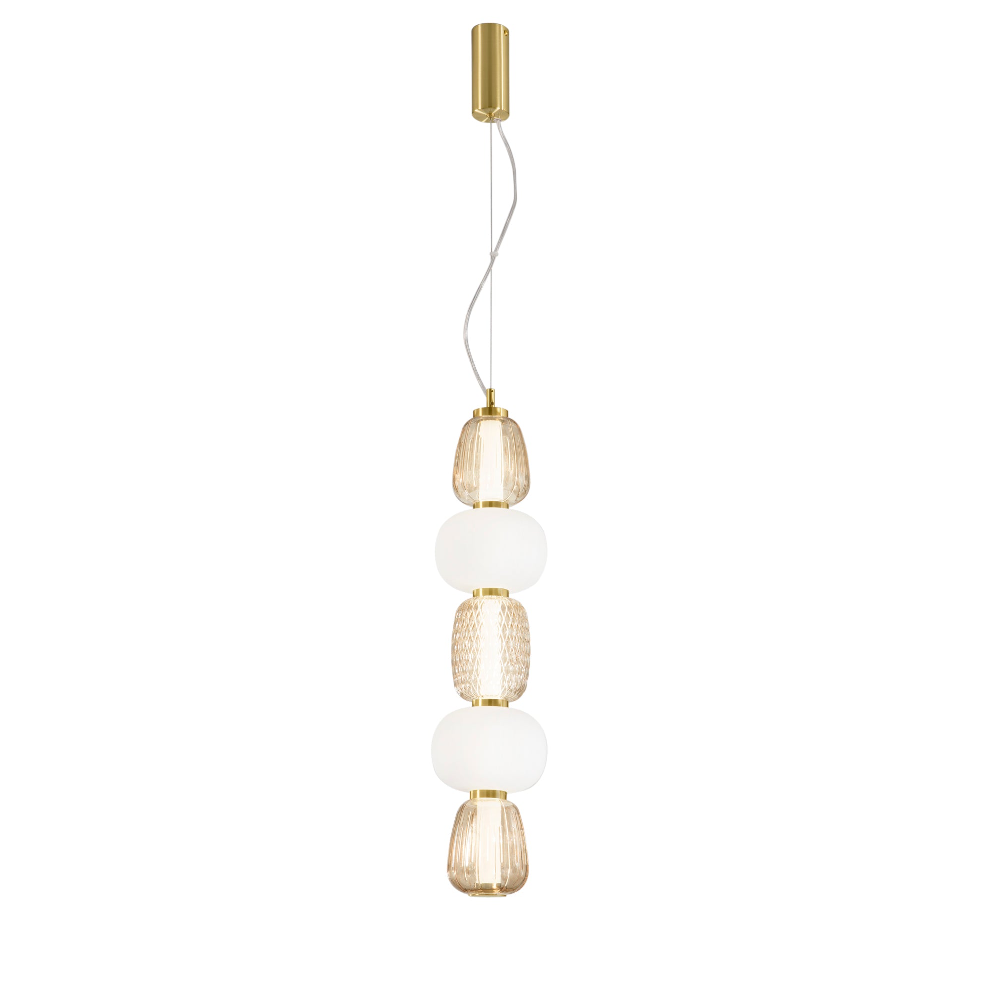 Suspension TOTEM dorée en verre transparent avec diffuseur opale LED intégré