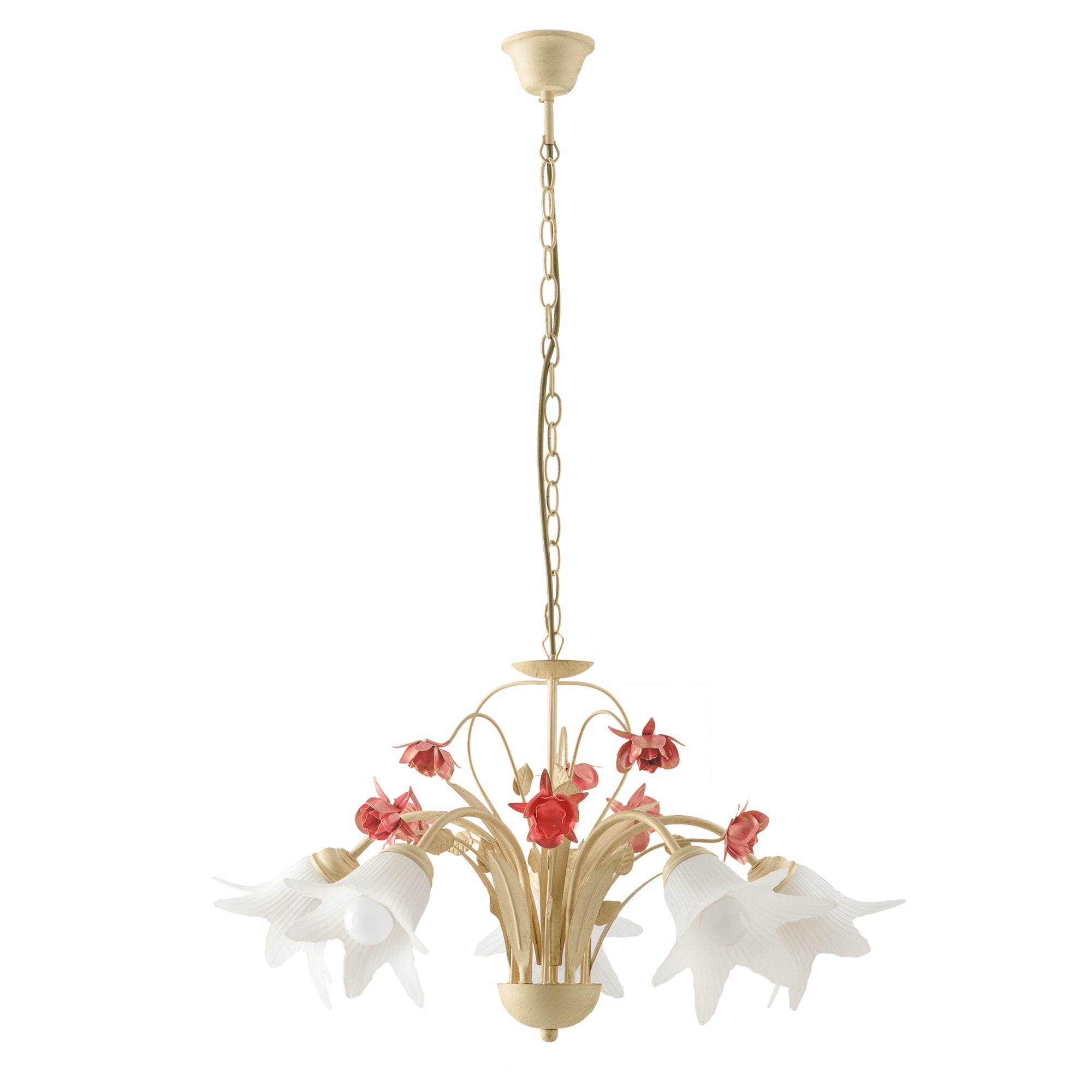 Lampadario a sospensione ROSE in metallo decorato a mano con dettagli floreali, e diffusore in vetro