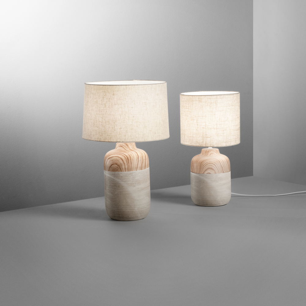 Lampe à poser WOODY en céramique et bois avec abat-jour en tissu