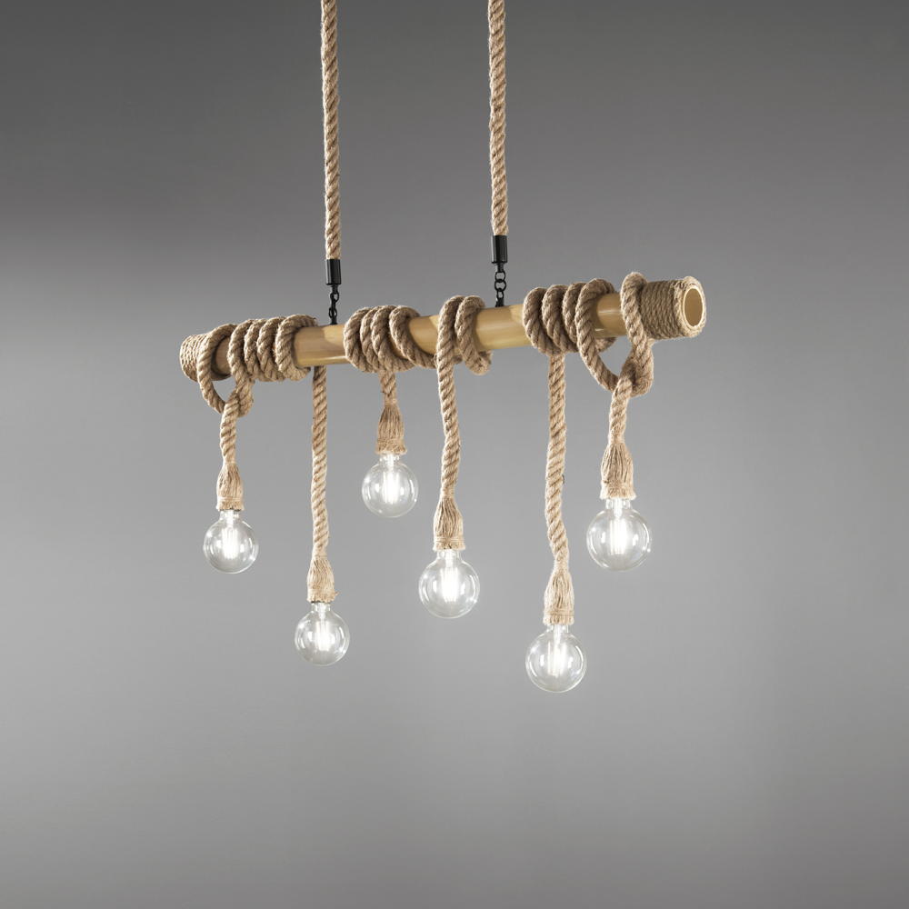 Lampadario a sospensione ROPE in metallo e canapa, 6 luci
