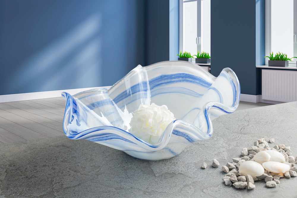 Centre de table artisanal pétale de Murano en verre iris blanc et bleu