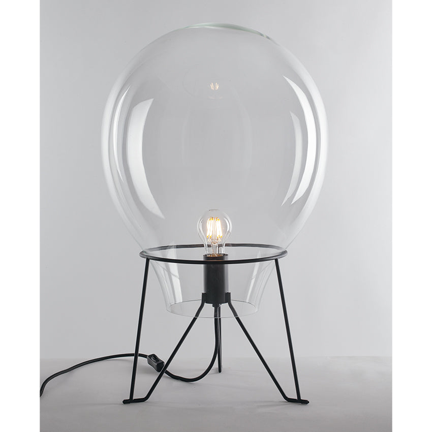Lampe de table AZUMA en verre soufflé transparent et structure en métal noir satiné