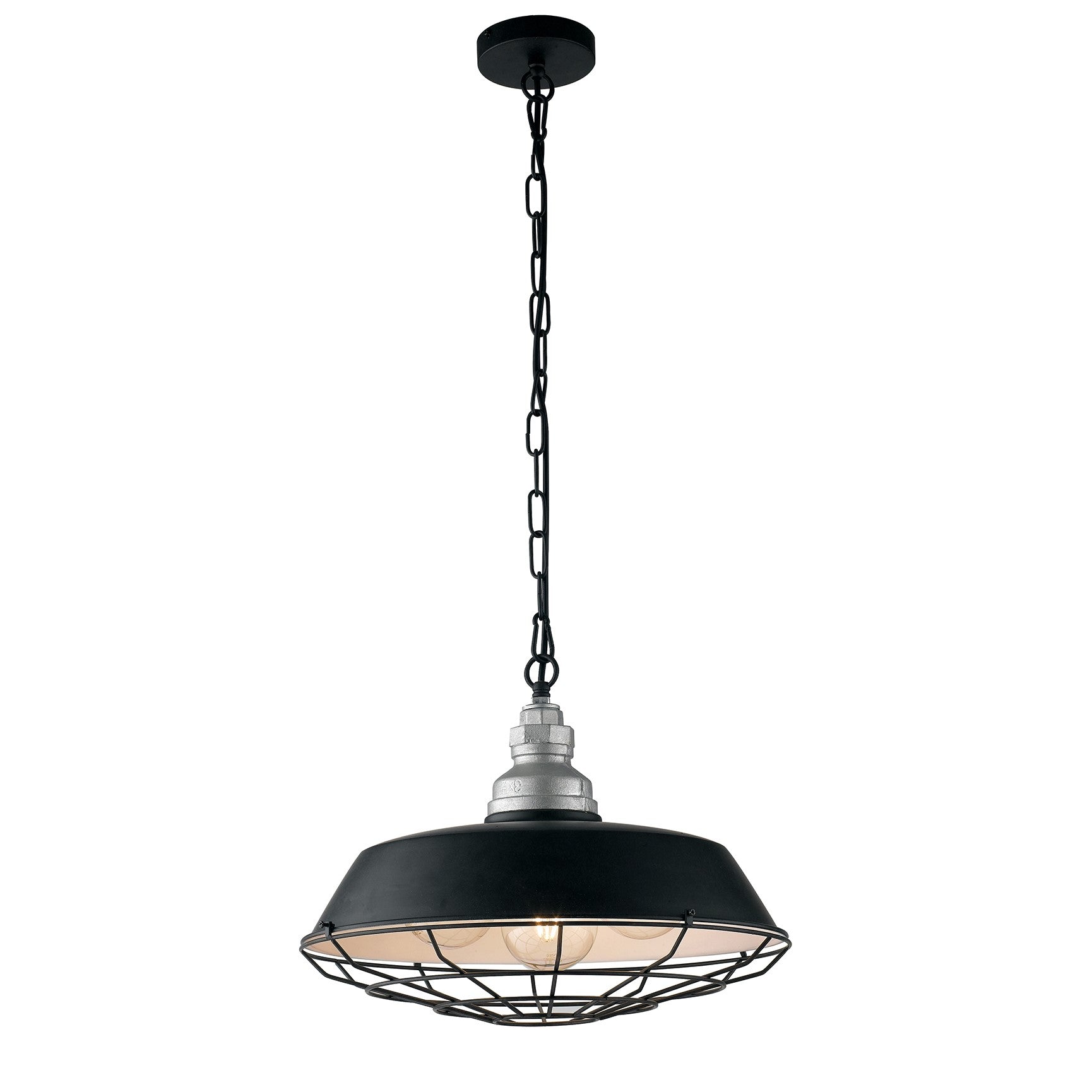 Lampe à suspension BAZAR en métal noir, aluminium argenté et intérieur blanc
