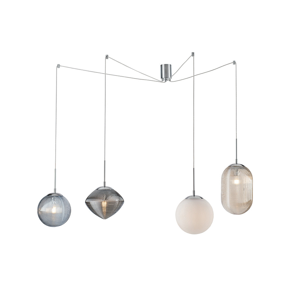 Lampadario a sospensione Greenwich in vetro con linee meridiane a rilievo, quattro pendenti colorati con cavi regolabili(4xE27) - FT-FeelThe