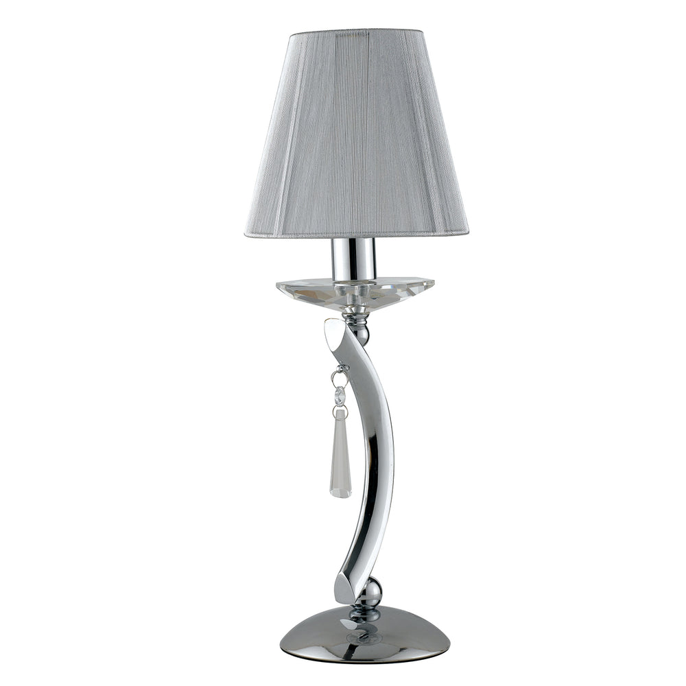 Lampe de table Orchestra en métal chromé avec cristaux K9 et abat-jour en tissu. Disponible en deux tailles