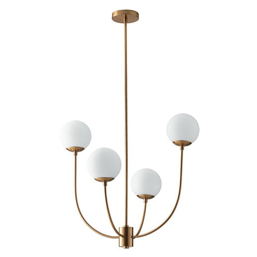 Lampadario a sospensione Themys in metallo oro satinato, quattro lampadine e diffusori in vetro soffiato opale (4XE14) - FT-FeelThe