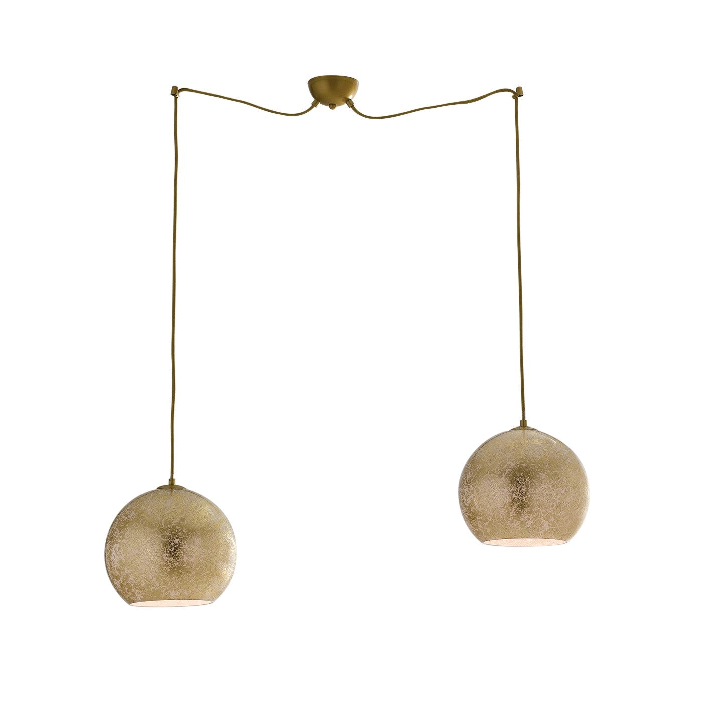 Vanity pendant lamp in glass with silver leaf or gold leaf decoration, gray fabric cable and two light points (2XE27)