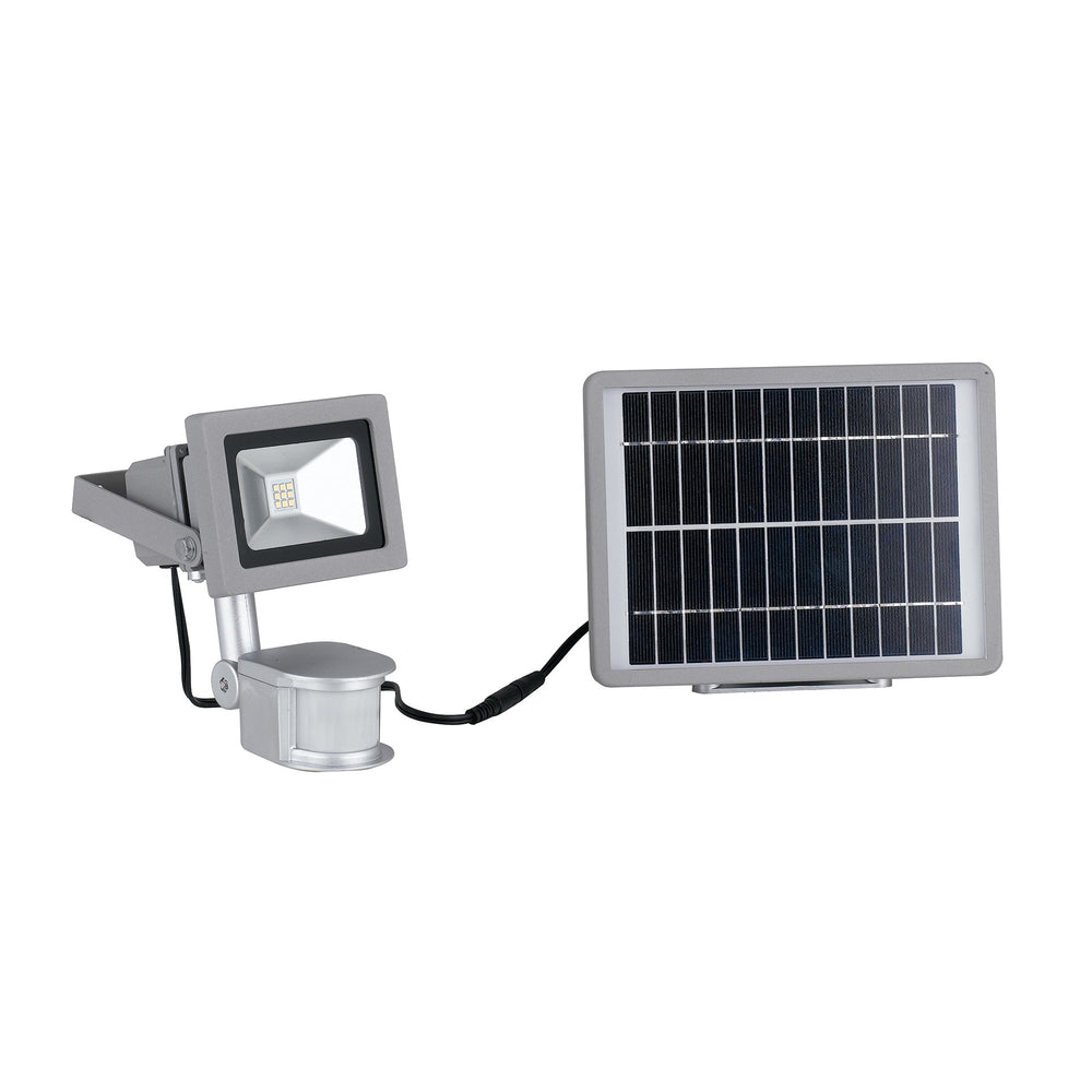 Projecteur d'extérieur Elios en aluminium argenté, avec panneau solaire inclus et détecteur de mouvement réglable intégré 