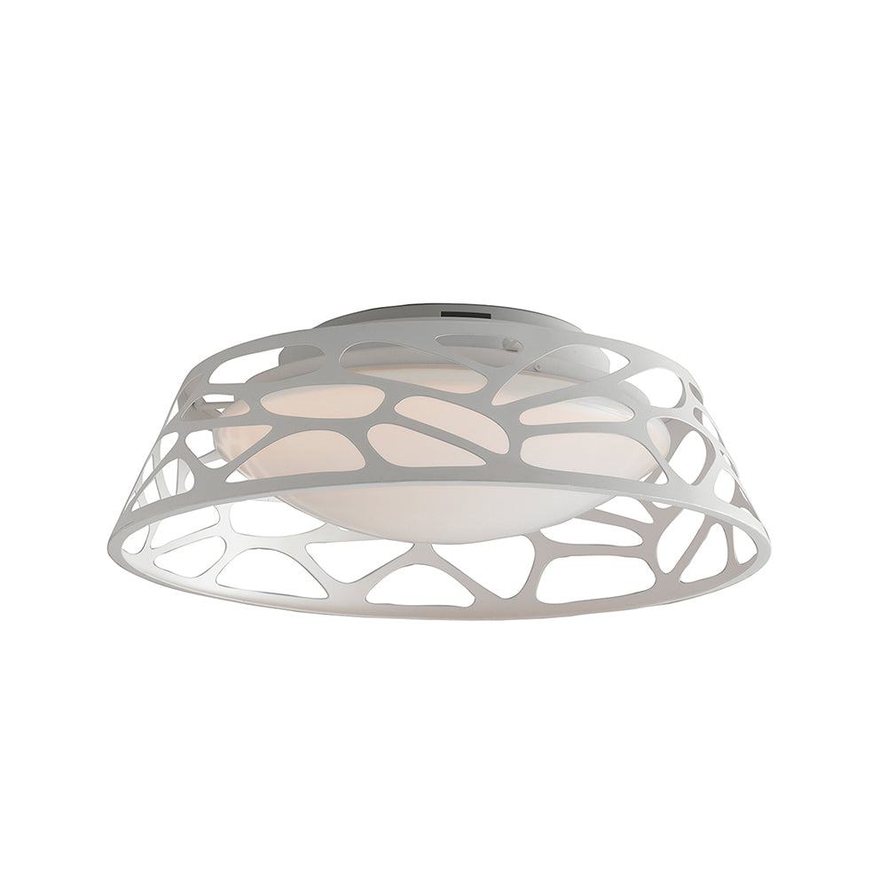 Plafonnier LED Maui avec structure en métal blanc mat, diffuseur en acrylique opale et lumière naturelle. Disponible en deux tailles