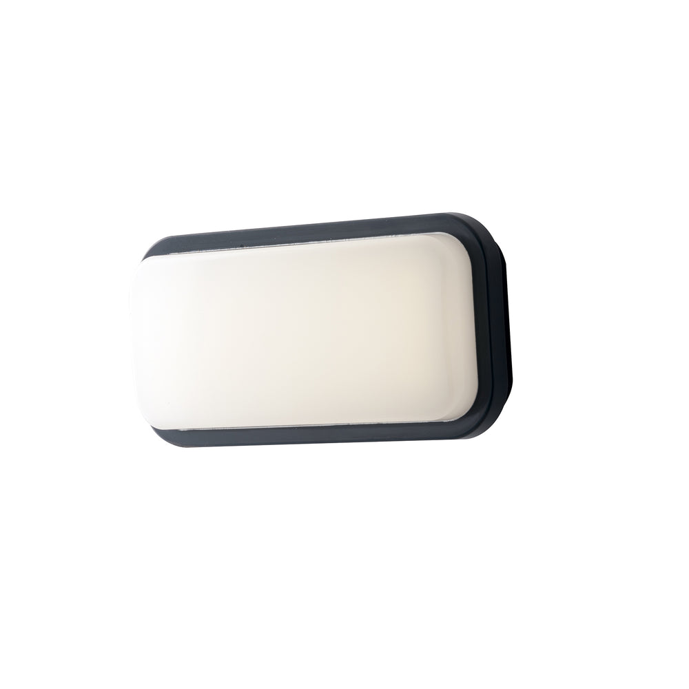 Applique LED rectangulaire Shelly en polycarbonate blanc ou anthracite, adaptée à une utilisation en extérieur avec lumière chaude ou naturelle et disponible en deux tailles