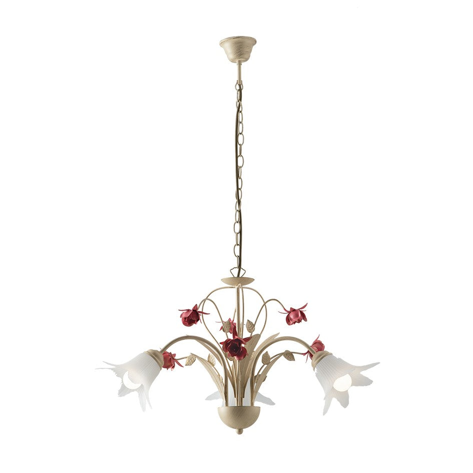 Lampe à suspension ROSE en métal décoré à la main avec des détails floraux et diffuseur en verre