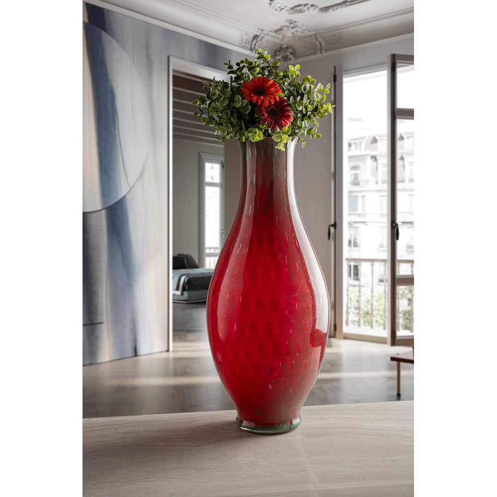 Handcrafted flask vase in dark red glass with green decoration