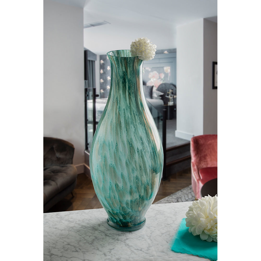 Vaso fiasco artigianale in vetro verde e turchese